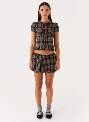 Lucia Puff Sleeve Top - Brown Check Lucia Puff Sleeve Top - Brown Check