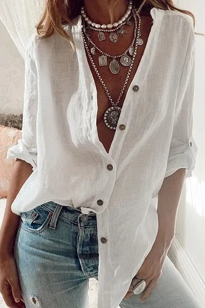 LuckBN Cotton Linen Button-Down Oversized Shirt