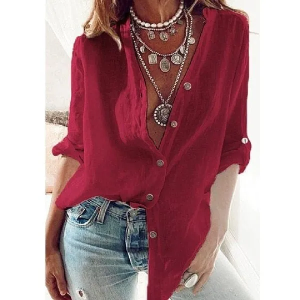 LuckBN Cotton Linen Button-Down Oversized Shirt