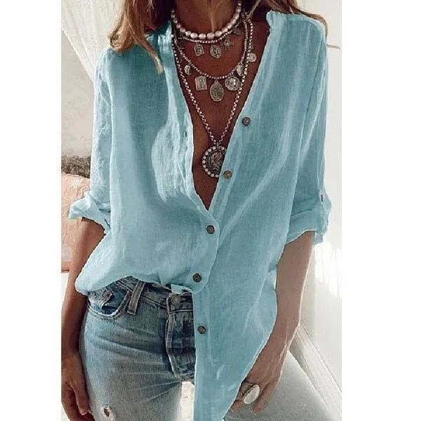LuckBN Cotton Linen Button-Down Oversized Shirt