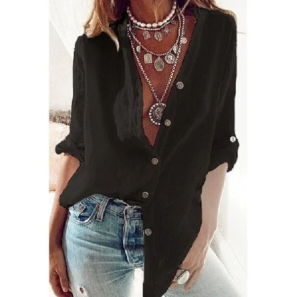 LuckBN Cotton Linen Button-Down Oversized Shirt