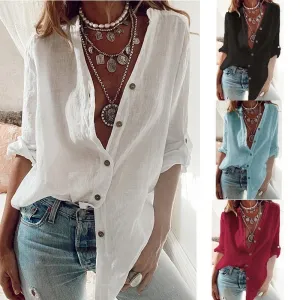 LuckBN Cotton Linen Button-Down Oversized Shirt