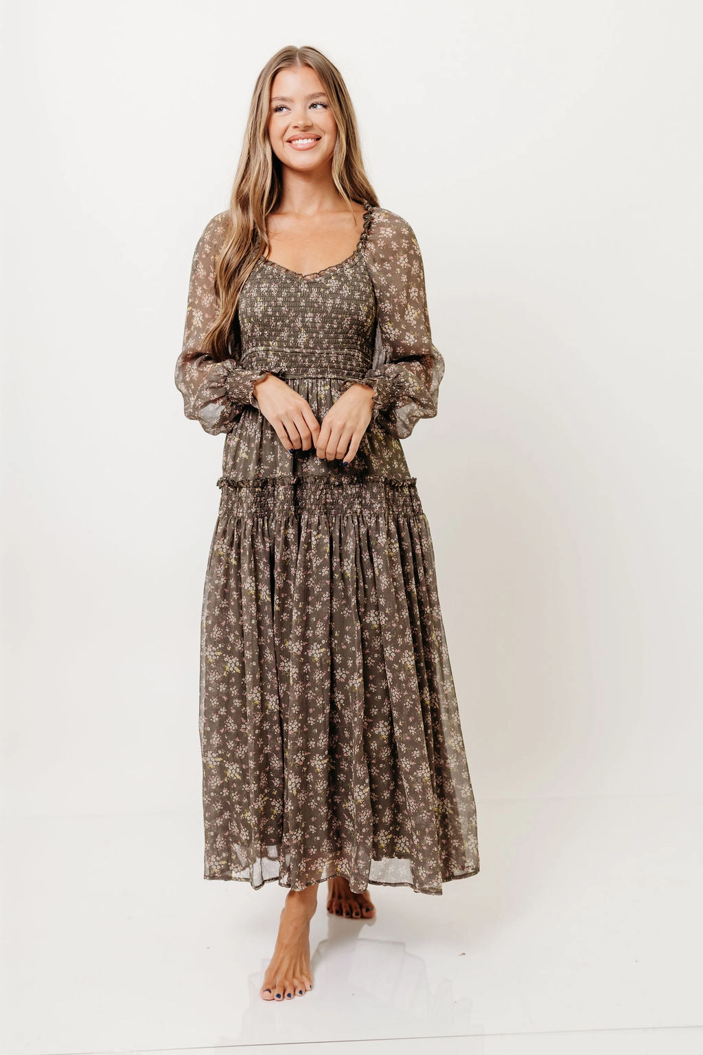 Luisa Smocked Floral Maxi Dress in Dusted Eucalyptus