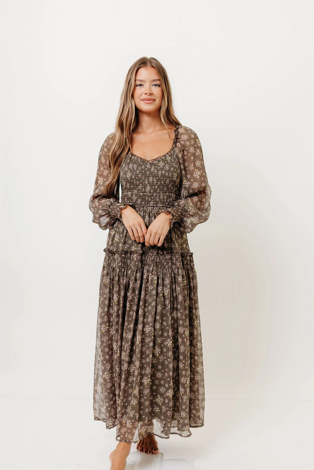 Luisa Smocked Floral Maxi Dress in Dusted Eucalyptus