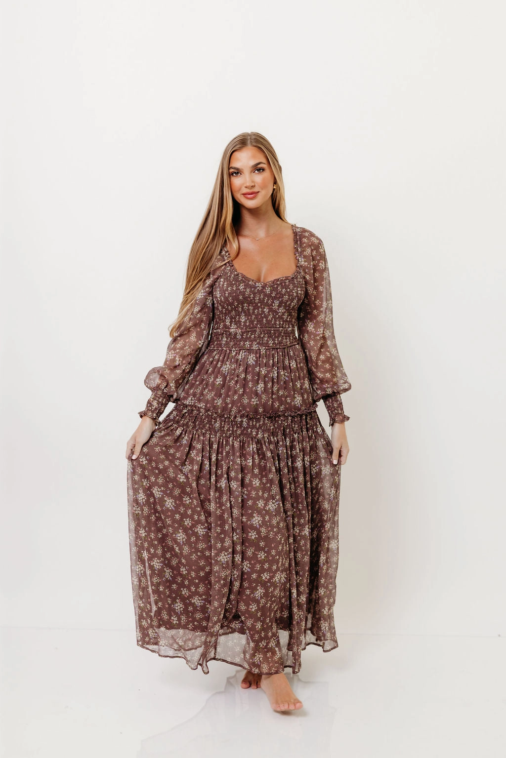 Luisa Smocked Floral Maxi Dress in Mocha Mousse