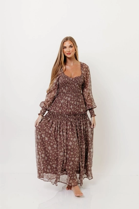 Luisa Smocked Floral Maxi Dress in Mocha Mousse Luisa Smocked Floral Maxi Dress in Mocha Mousse