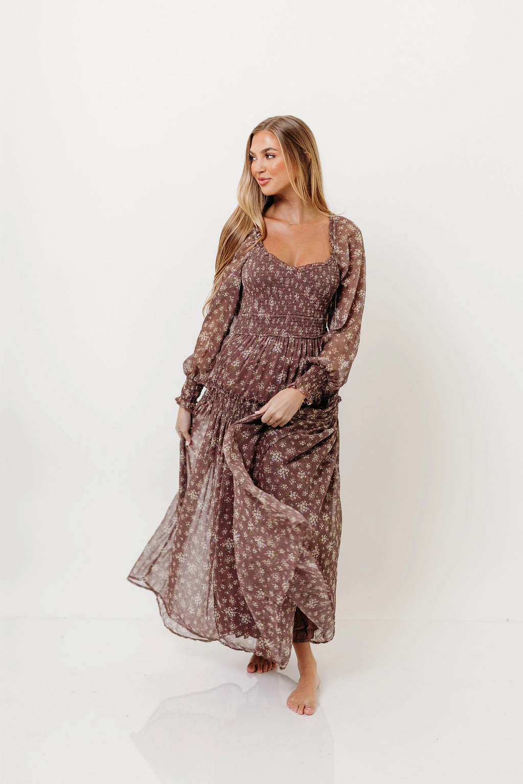 Luisa Smocked Floral Maxi Dress in Mocha Mousse