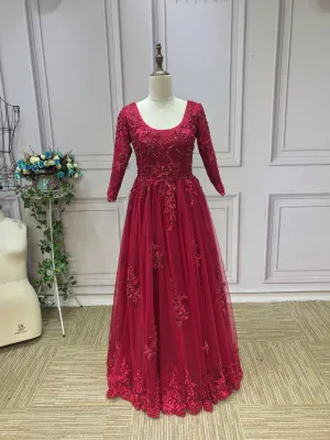Luxurious heavy beaded burgundy maroon red long sleeves lace Muslim wedding dress 2021#112202