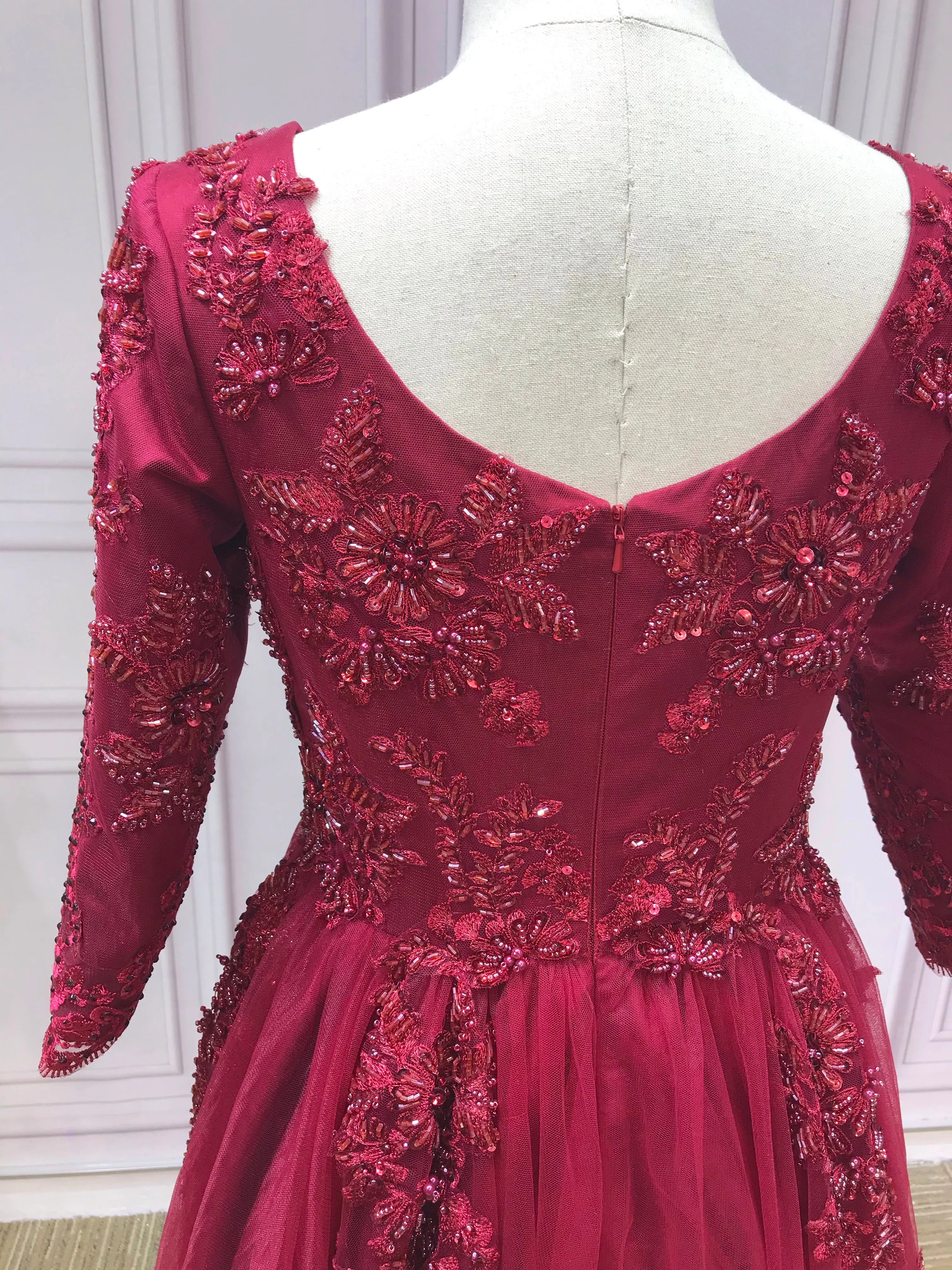 Luxurious heavy beaded burgundy maroon red long sleeves lace Muslim wedding dress 2021#112202