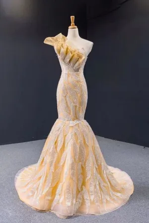 Luxurious Mermaid One Shoulder Long Prom Dress Gorgeous Yellow Evening Dresses