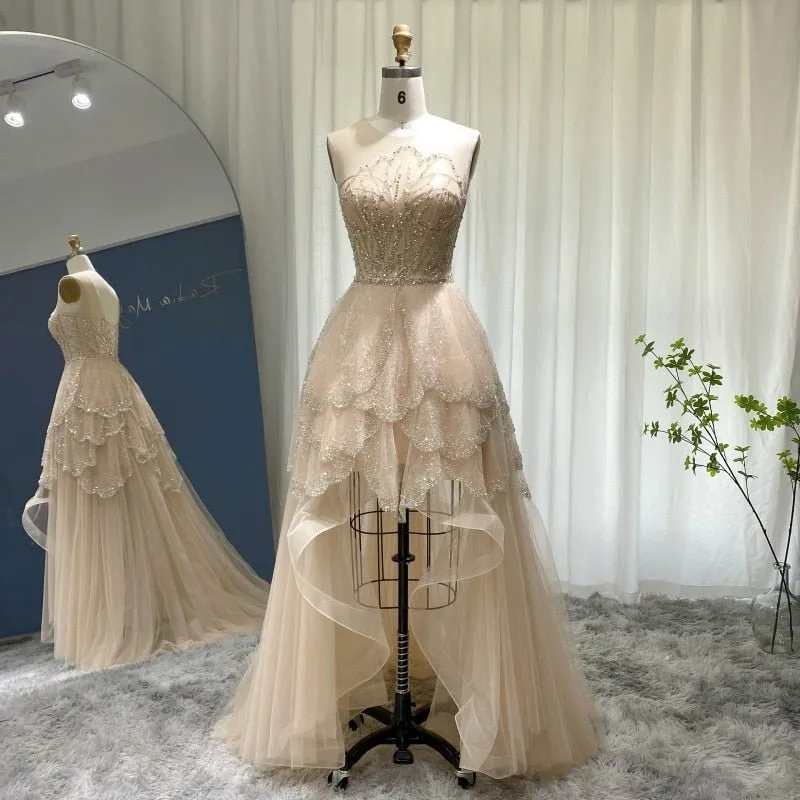 Luxury Dubai Champagne High Low Evening Dress 2022 Elegant Tiered Ruffles Short Front Long Back Arabic Prom Party Dresses SS249