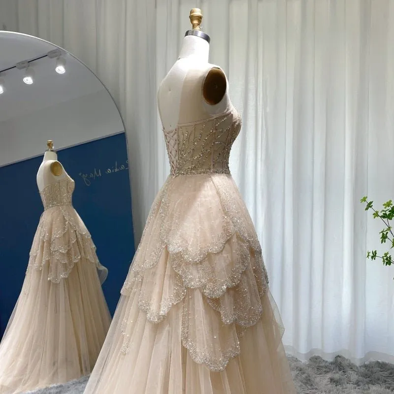 Luxury Dubai Champagne High Low Evening Dress 2022 Elegant Tiered Ruffles Short Front Long Back Arabic Prom Party Dresses SS249