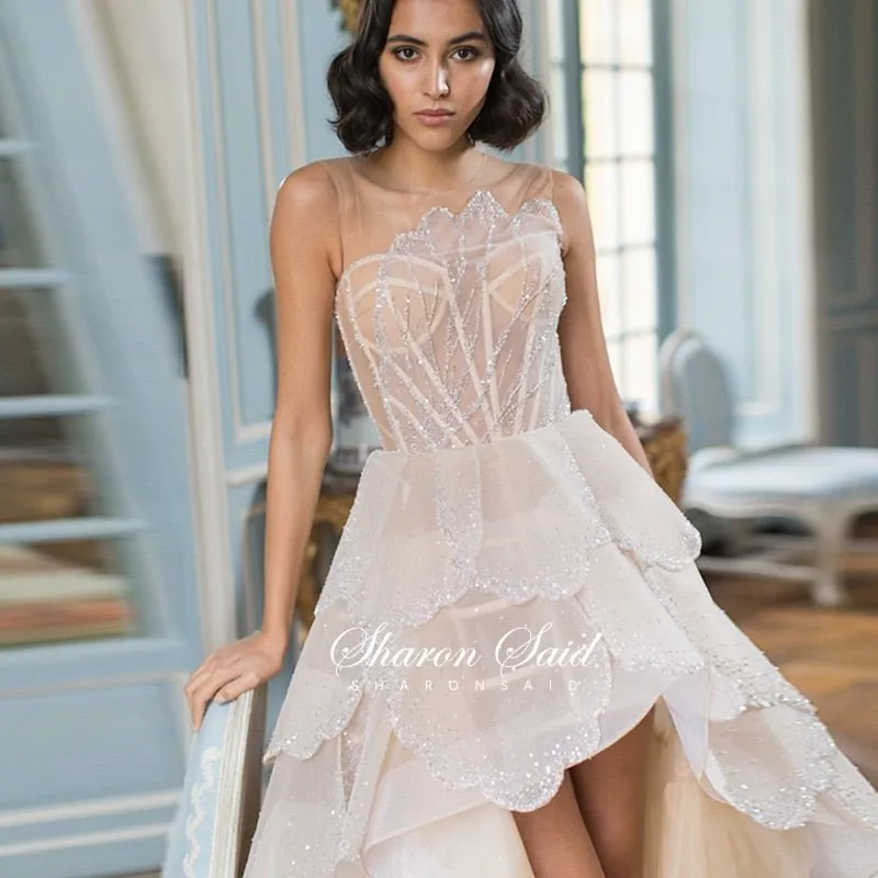 Luxury Dubai Champagne High Low Evening Dress 2022 Elegant Tiered Ruffles Short Front Long Back Arabic Prom Party Dresses SS249