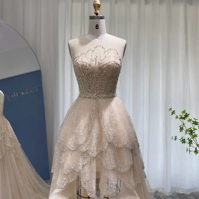 Luxury Dubai Champagne High Low Evening Dress 2022 Elegant Tiered Ruffles Short Front Long Back Arabic Prom Party Dresses SS249