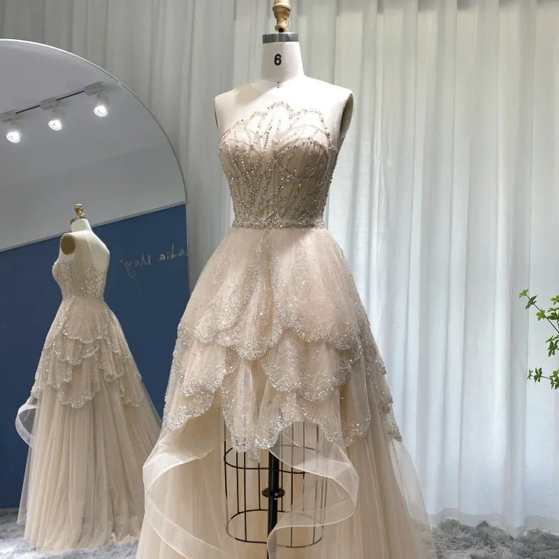Luxury Dubai Champagne High Low Evening Dress 2022 Elegant Tiered Ruffles Short Front Long Back Arabic Prom Party Dresses SS249