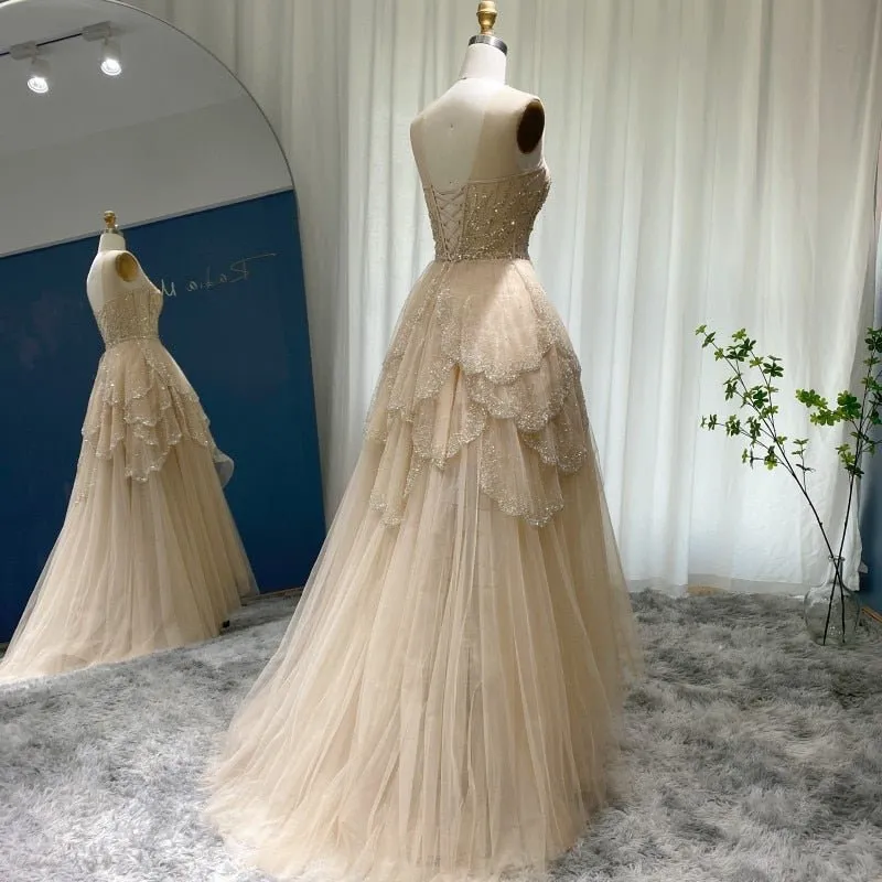 Luxury Dubai Champagne High Low Evening Dress 2022 Elegant Tiered Ruffles Short Front Long Back Arabic Prom Party Dresses SS249
