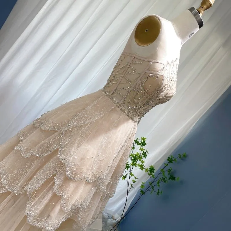 Luxury Dubai Champagne High Low Evening Dress 2022 Elegant Tiered Ruffles Short Front Long Back Arabic Prom Party Dresses SS249