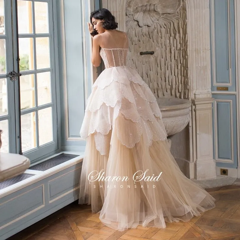 Luxury Dubai Champagne High Low Evening Dress 2022 Elegant Tiered Ruffles Short Front Long Back Arabic Prom Party Dresses SS249