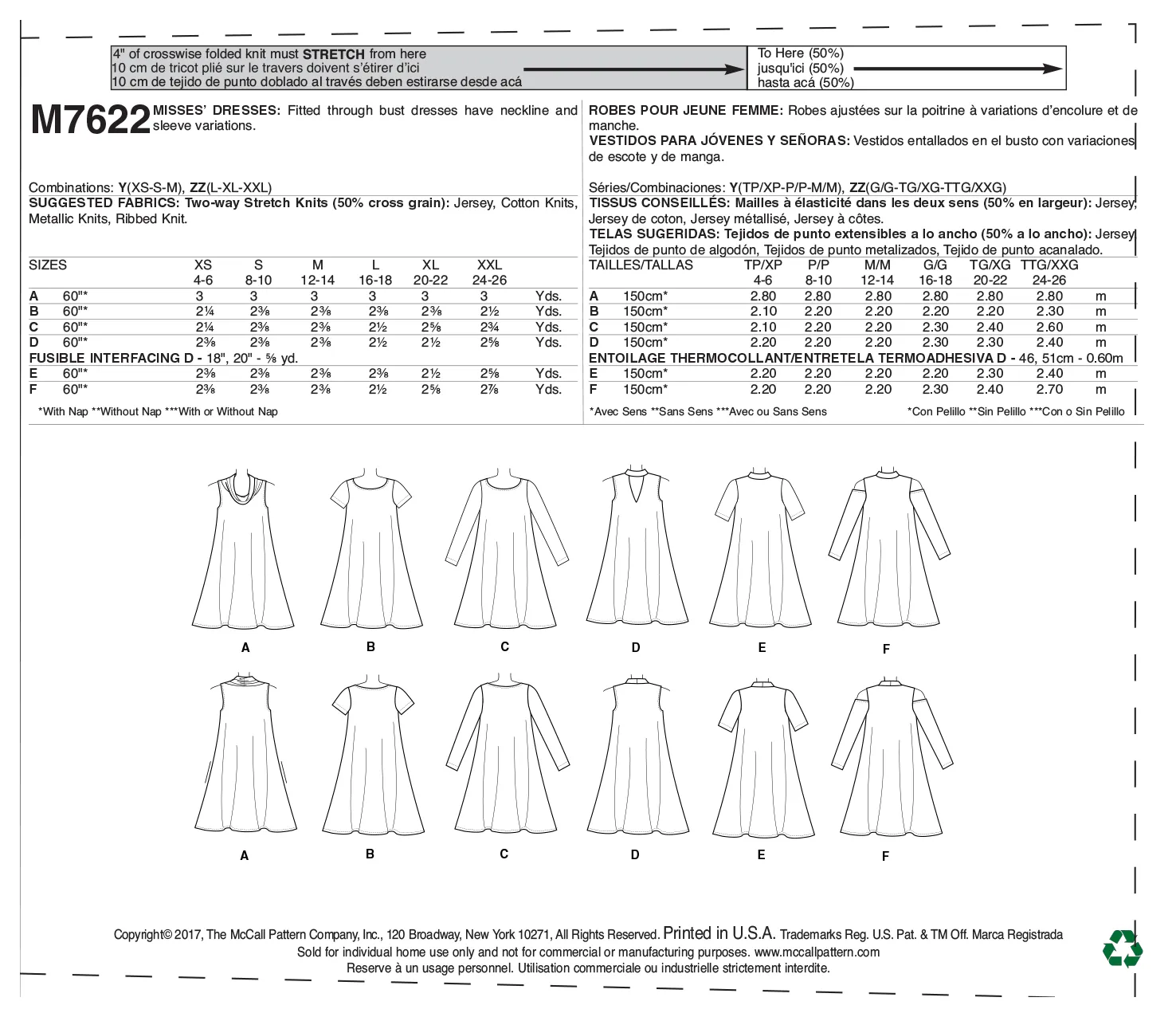 M7622 Misses' Knit Swing Dresses with Neckline and Sleeve Variations