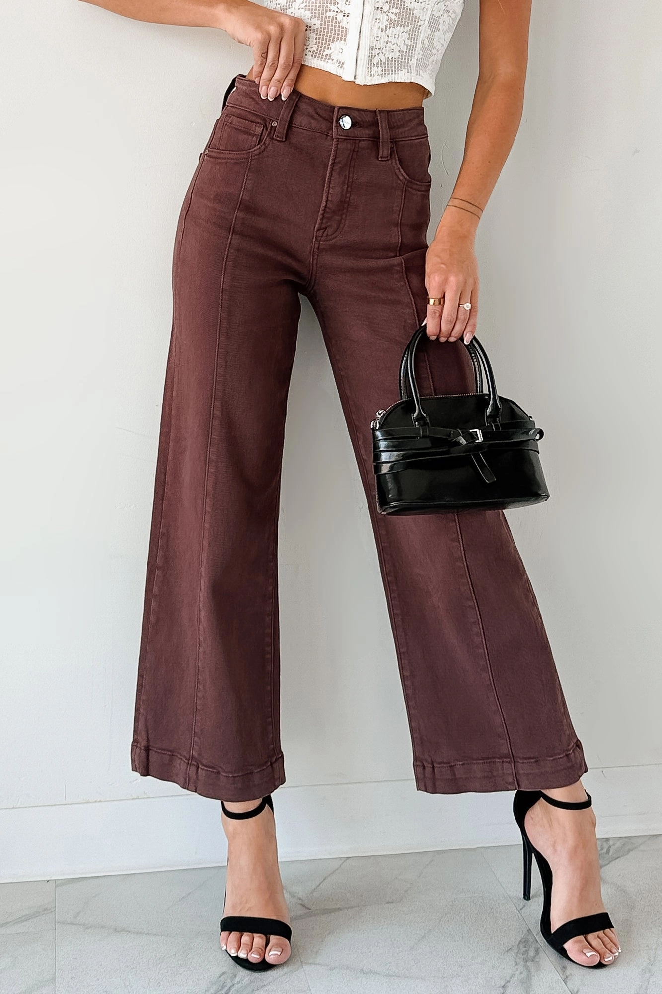 Maizie Tummy Control Wide Leg Cropped Risen Jeans (Choco Brown)
