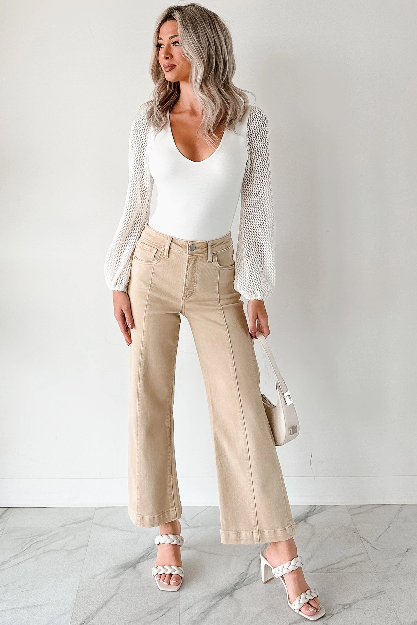 Maizie Tummy Control Wide Leg Cropped Risen Jeans (Latte)