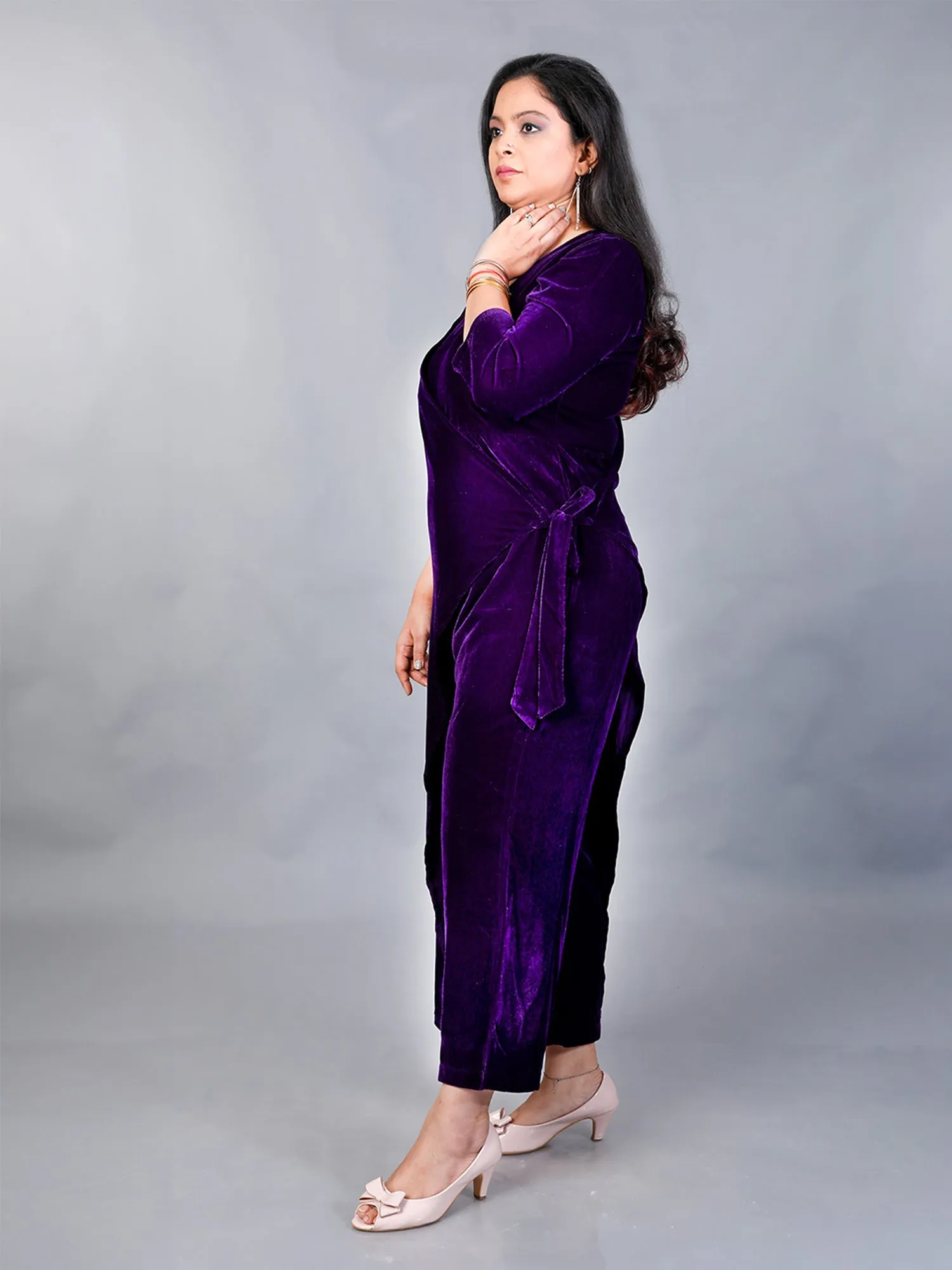 Makhfi Purple Velvet V-neck Plain Jumpsuit