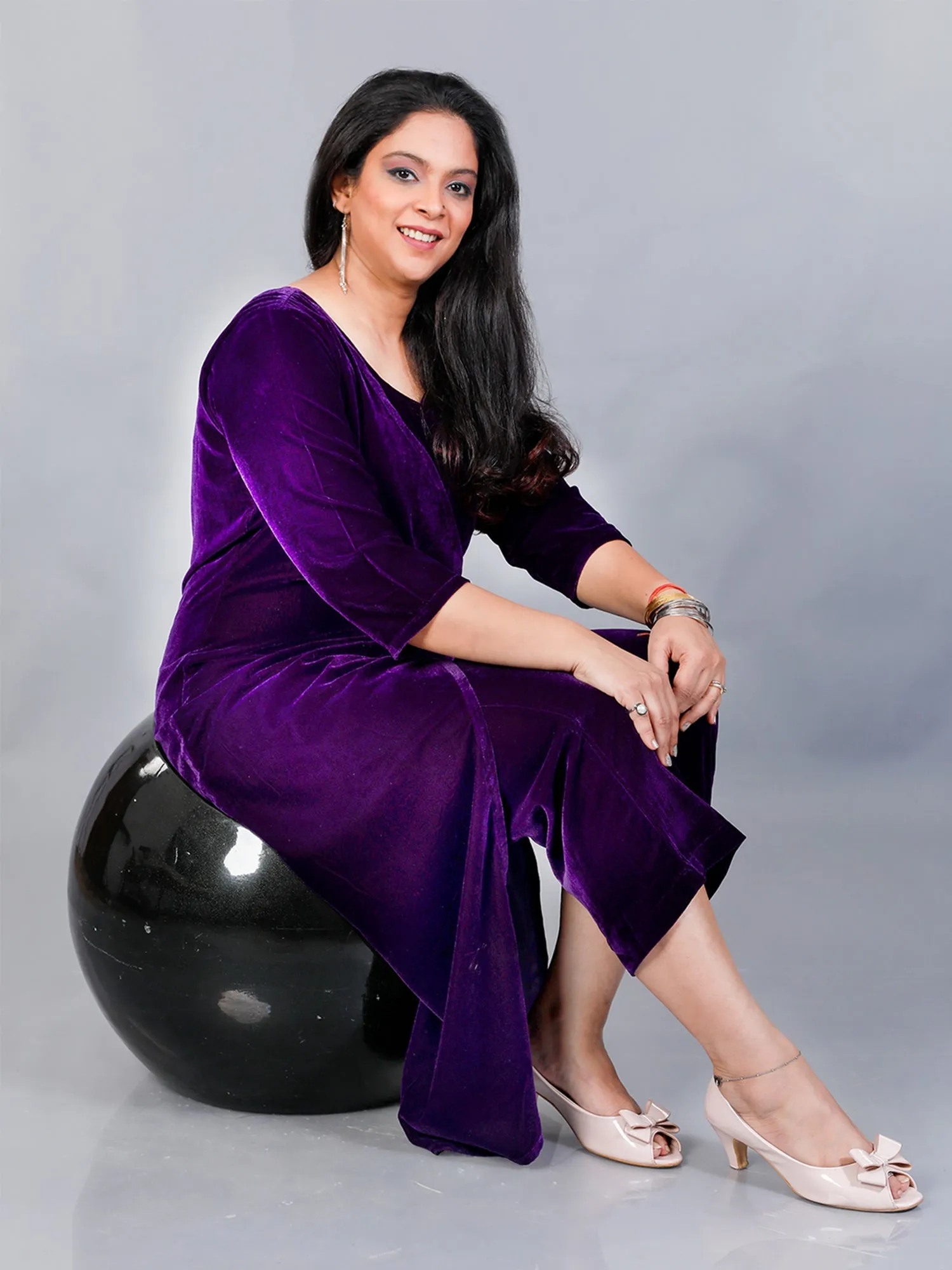 Makhfi Purple Velvet V-neck Plain Jumpsuit