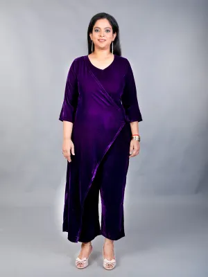 Makhfi Purple Velvet V-neck Plain Jumpsuit