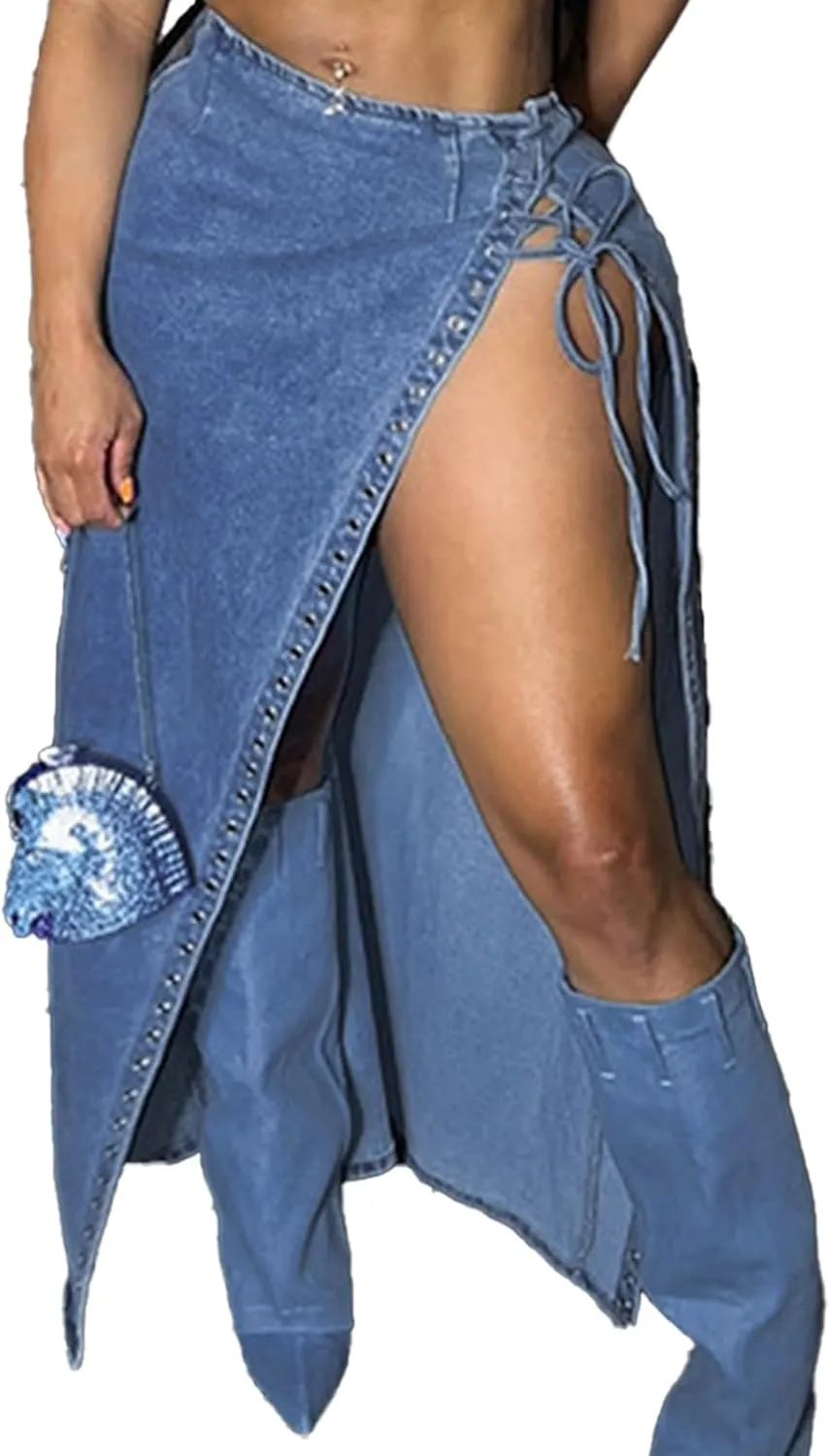 Mandonce Jean Skirts for Women Denim High Split Tie High Waisted Stretchy Wrap Long SkirtTrendy Sexy Outfit
