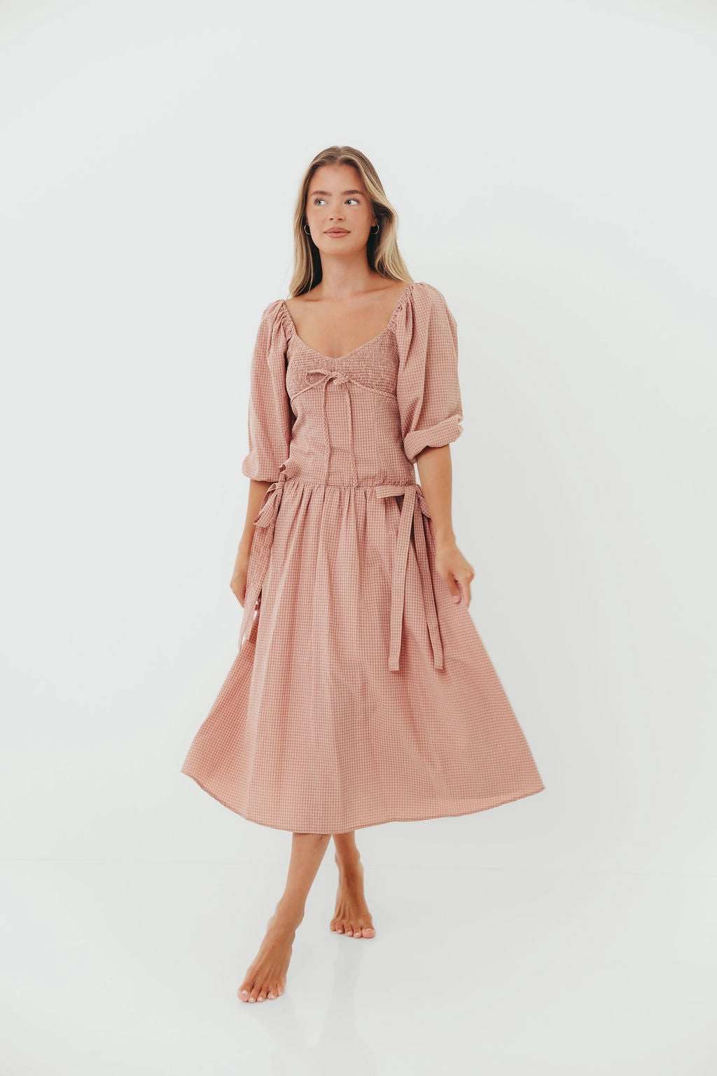 Marla Bow Detail Midi Dress in Dust Pink