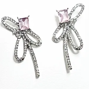 Mary - Rhinestone Bow Earrings w/ Pink Radiant Stone