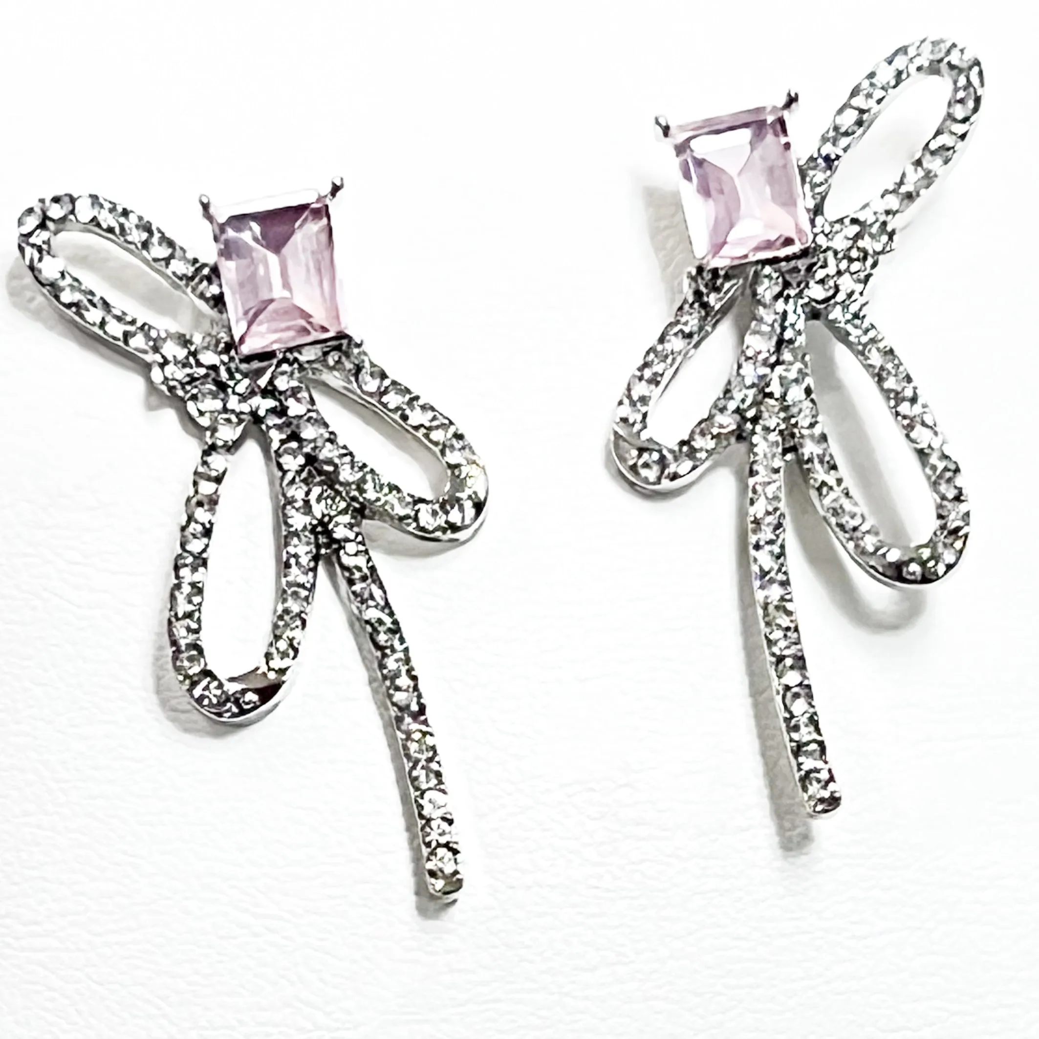 Mary - Rhinestone Bow Earrings w/ Pink Radiant Stone