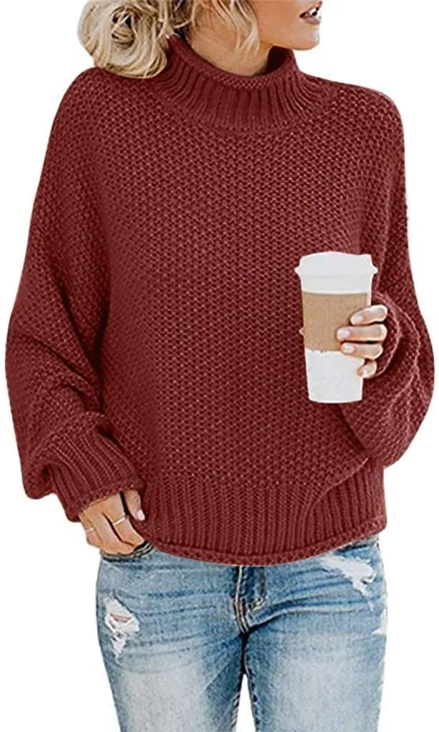 Masbird Sweaters for Women Casual Turtleneck Batwing Sleeve Loose Oversized Chunky Knitted Pullover Sweater Jumper Tops Brown