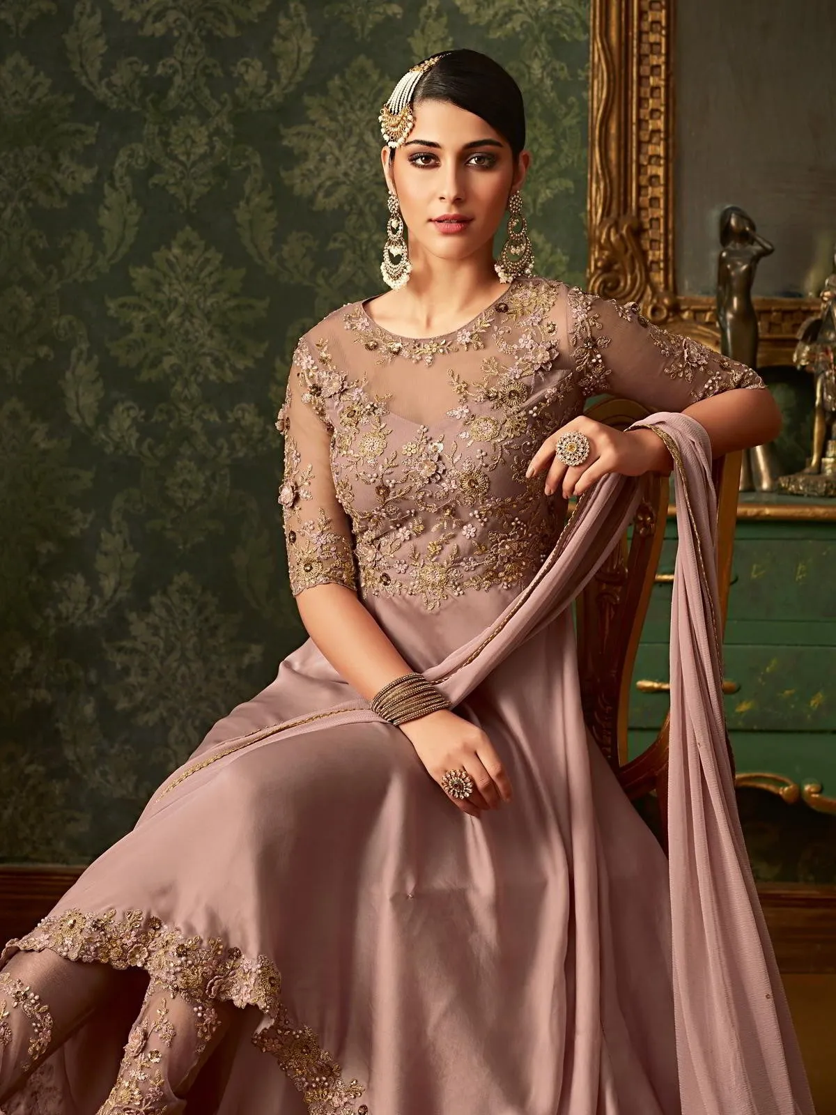 Mauve Upper Down Embroidered Anarkali Gown Suit