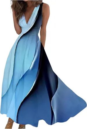 Maxi Dress for Women Sleeveless Printed Dresses High Waiste Deep V Neck Sundresses Beach Boho Dress Maxi Long Dress