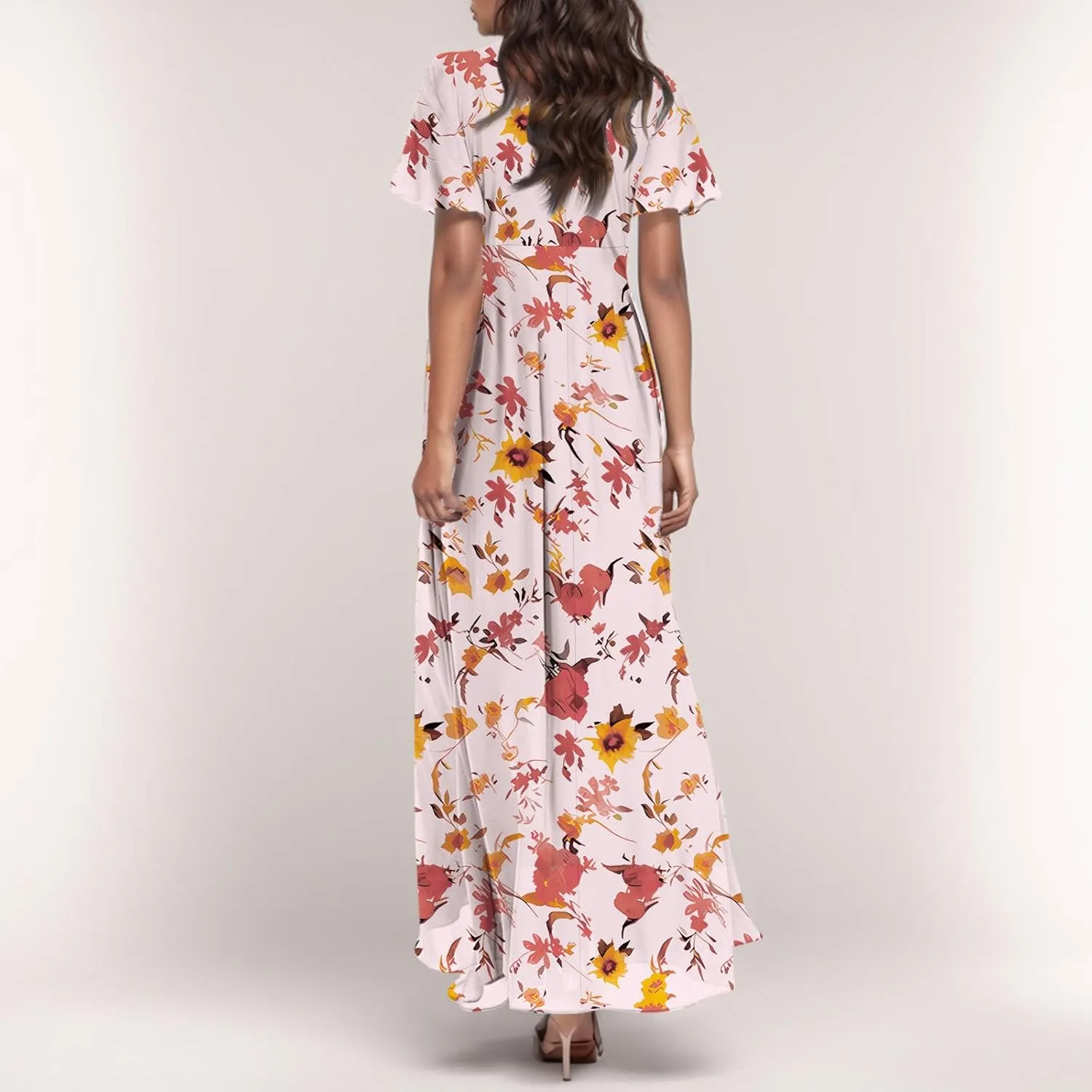 Maxi Dresses for Women Summer Highwaisted Prom Dress Floral Chiffon Flutter Sleeve Boho Dress Vneck Tea Party Dresses