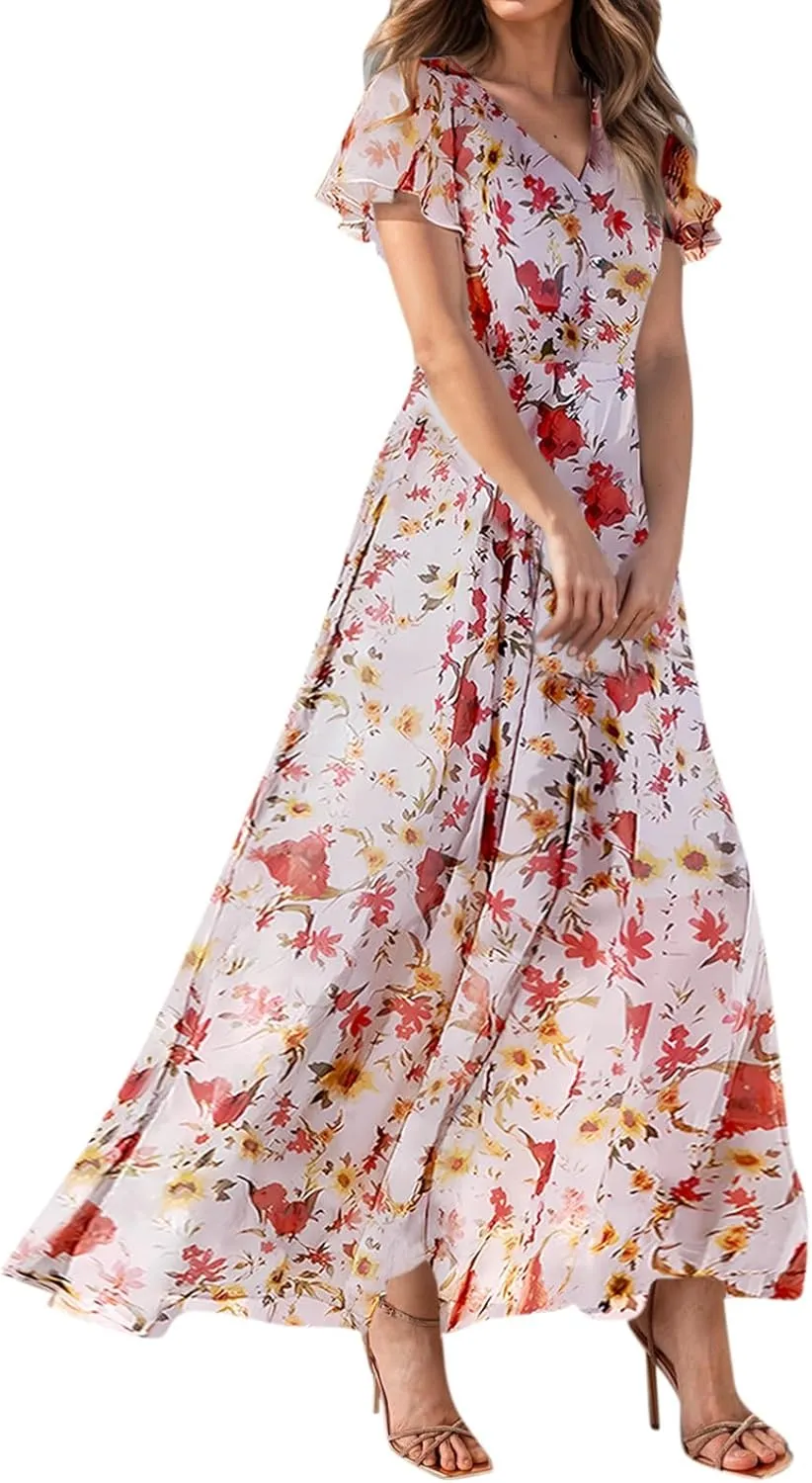 Maxi Dresses for Women Summer Highwaisted Prom Dress Floral Chiffon Flutter Sleeve Boho Dress Vneck Tea Party Dresses