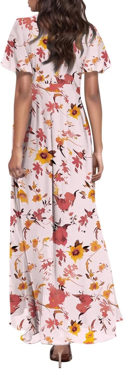 Maxi Dresses for Women Summer Highwaisted Prom Dress Floral Chiffon Flutter Sleeve Boho Dress Vneck Tea Party Dresses