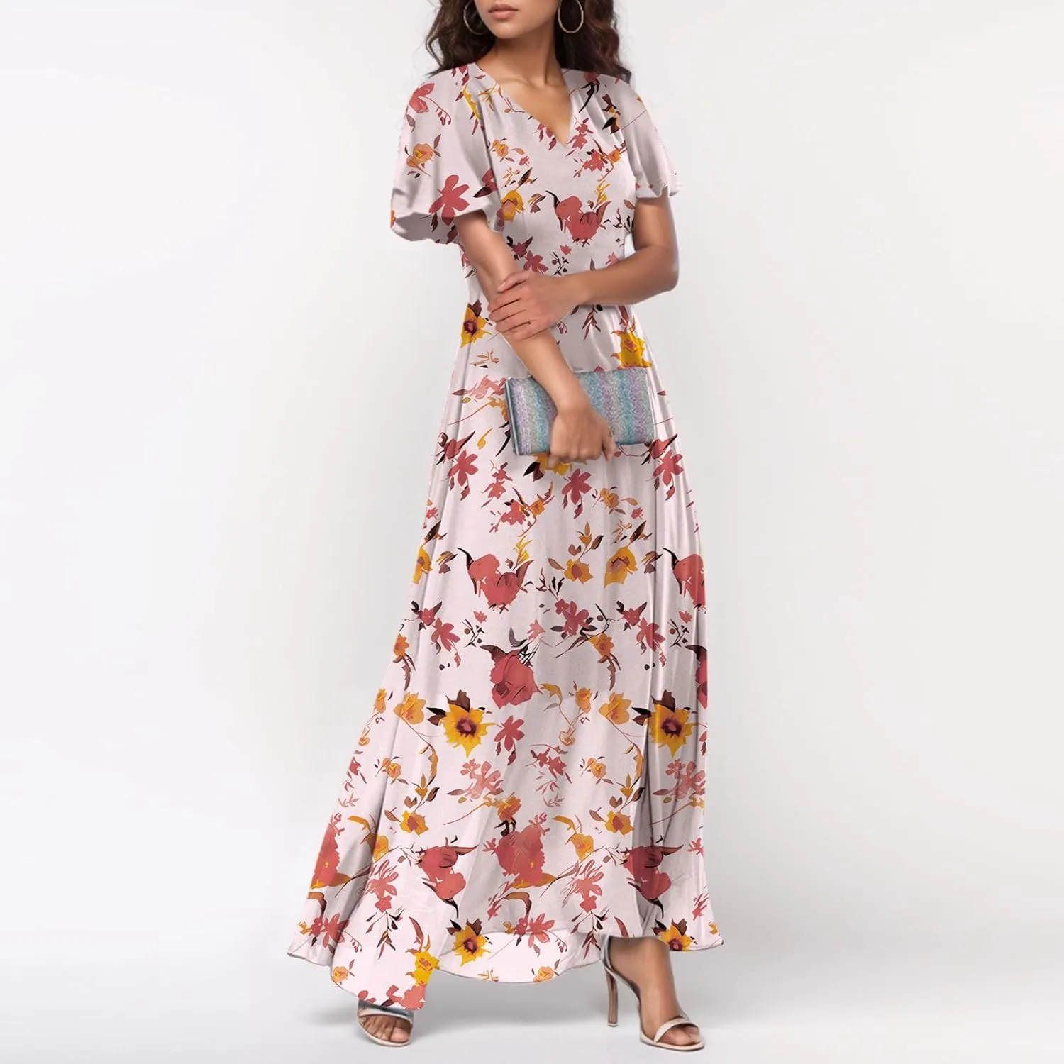 Maxi Dresses for Women Summer Highwaisted Prom Dress Floral Chiffon Flutter Sleeve Boho Dress Vneck Tea Party Dresses