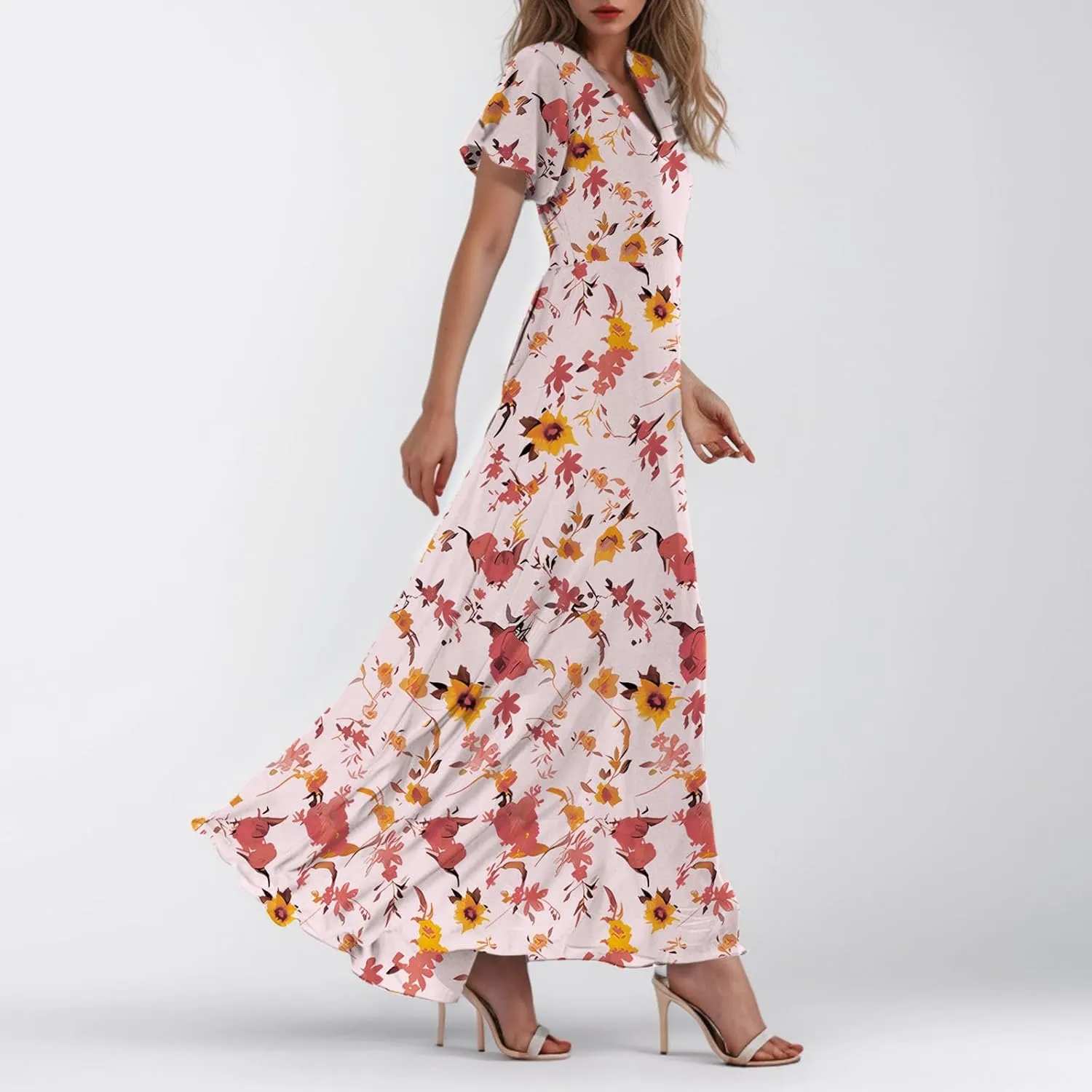 Maxi Dresses for Women Summer Highwaisted Prom Dress Floral Chiffon Flutter Sleeve Boho Dress Vneck Tea Party Dresses