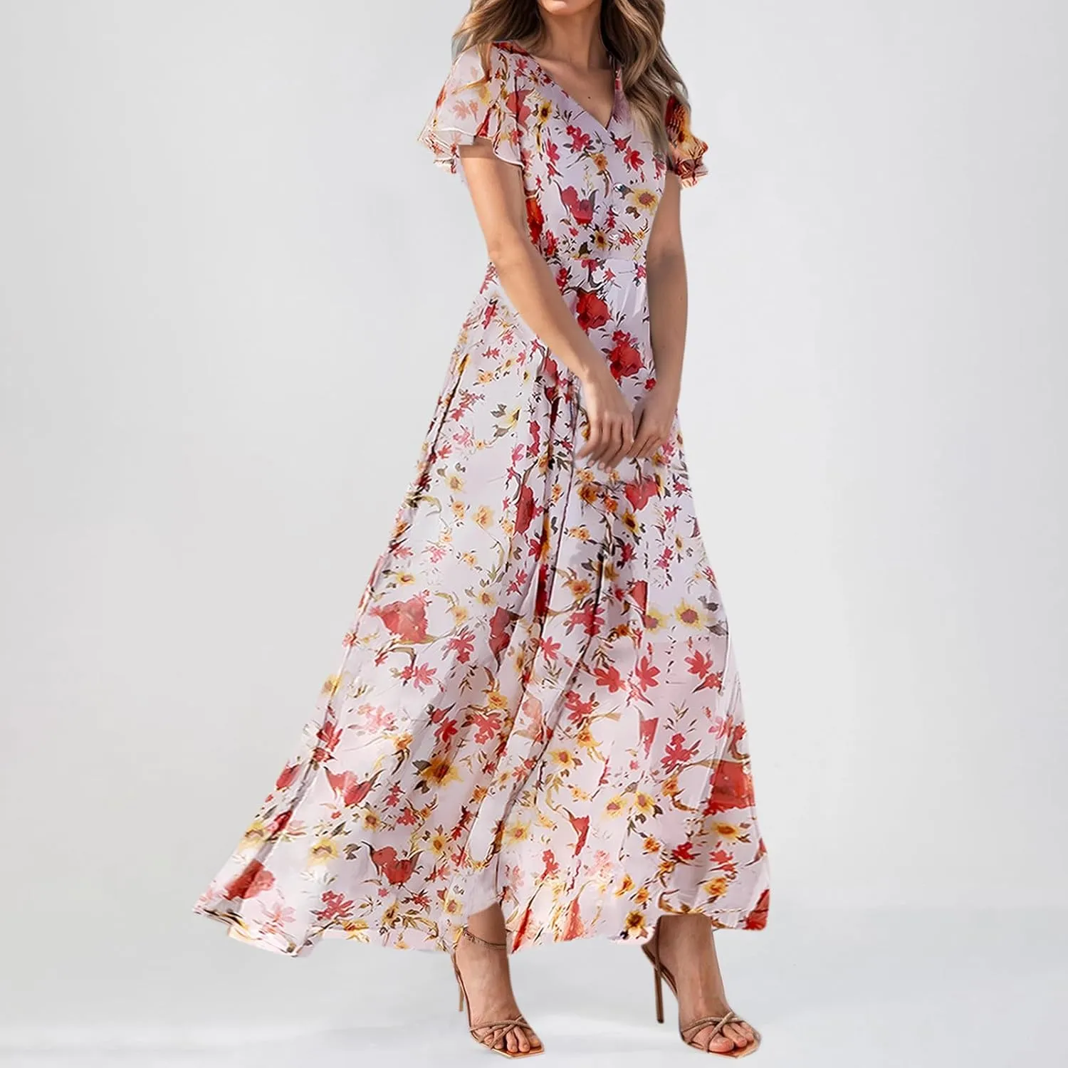 Maxi Dresses for Women Summer Highwaisted Prom Dress Floral Chiffon Flutter Sleeve Boho Dress Vneck Tea Party Dresses