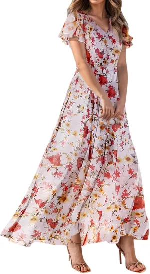 Maxi Dresses for Women Summer Highwaisted Prom Dress Floral Chiffon Flutter Sleeve Boho Dress Vneck Tea Party Dresses