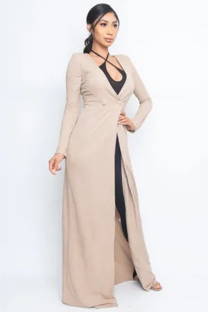 'Maxi Mogul' Long Sleeve Plunge V Neck Double Breasted Long Style Duster/ Blazer with Back Split (BE70065)