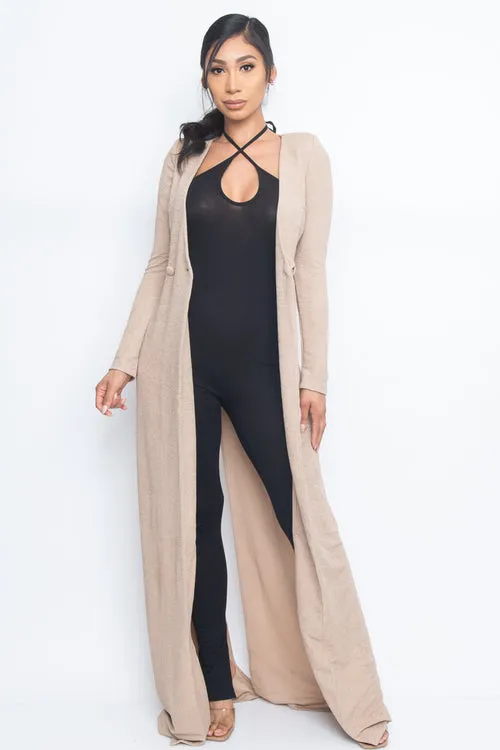 'Maxi Mogul' Long Sleeve Plunge V Neck Double Breasted Long Style Duster/ Blazer with Back Split (BE70065)