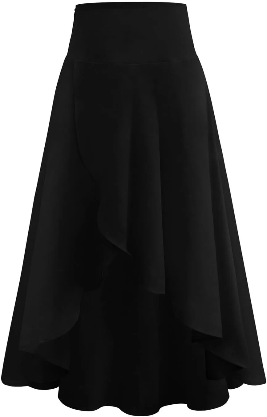 Maxi Skirt for Women High Elastic Waist Satin Summer Lightweight Ruffle Hem Long Skirts Palazzo A-Line for Going Out