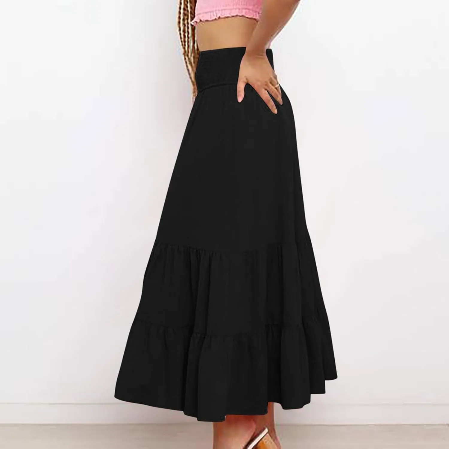 Maxi Skirts for Women Summer Boho Elastic High Waist Pleated Ruffle Tiered Skorts Casual Fashion Solid Flowy Skirt
