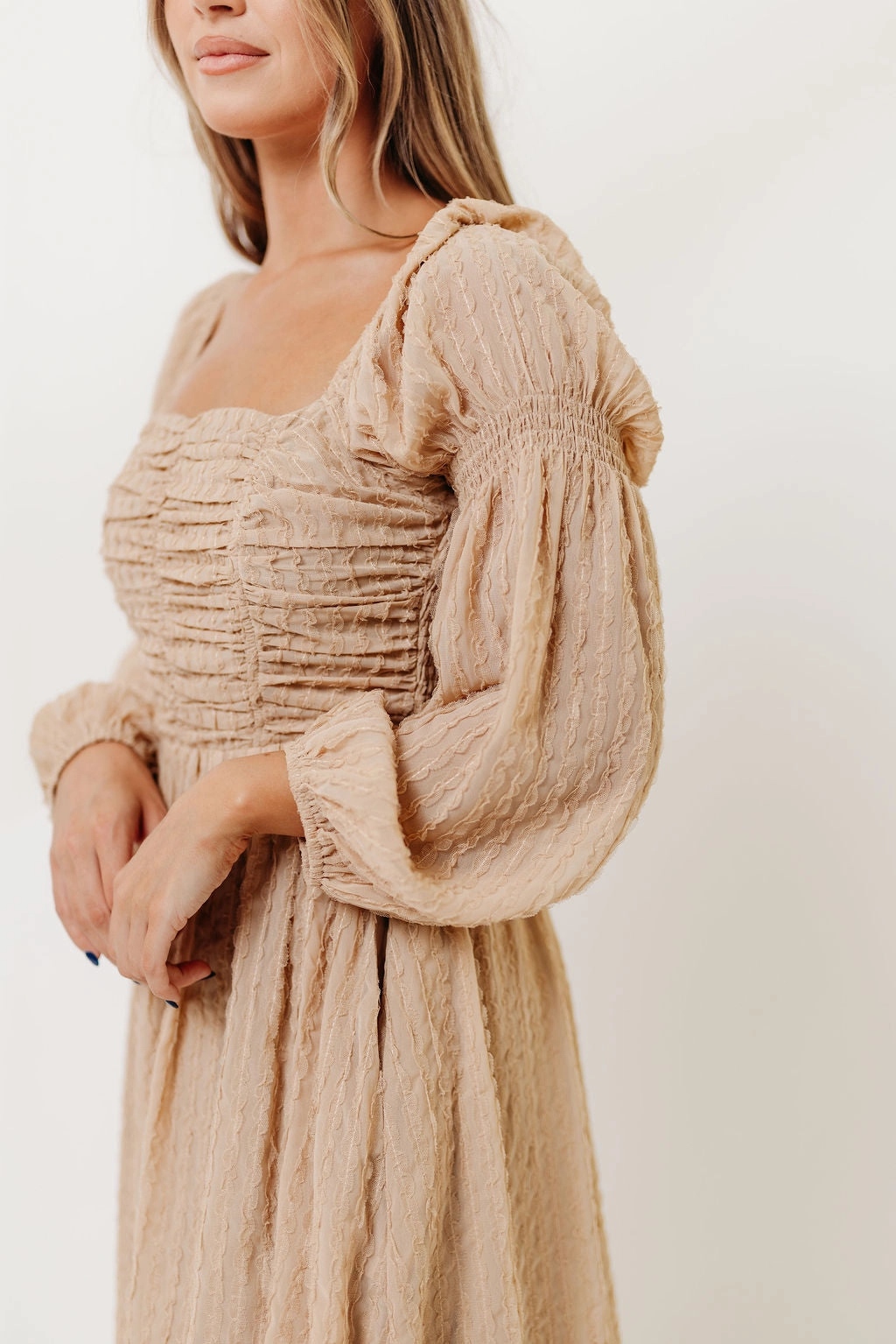 Maxine Ruched Chiffon Maxi Dress in Taupe