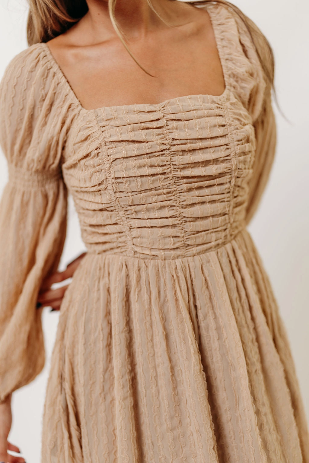 Maxine Ruched Chiffon Maxi Dress in Taupe