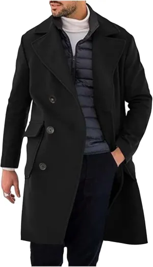 Men Trench Coats Long Winter Jackets Wool Blend Peacoats Double Breasted Jacket Trendy Notched Lapel Coat with Pocket