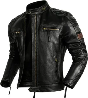 Mens Black Biker Genuine Cowhide Stand Collar Multi-Zippers Moto Rider Classic Leather Jacket